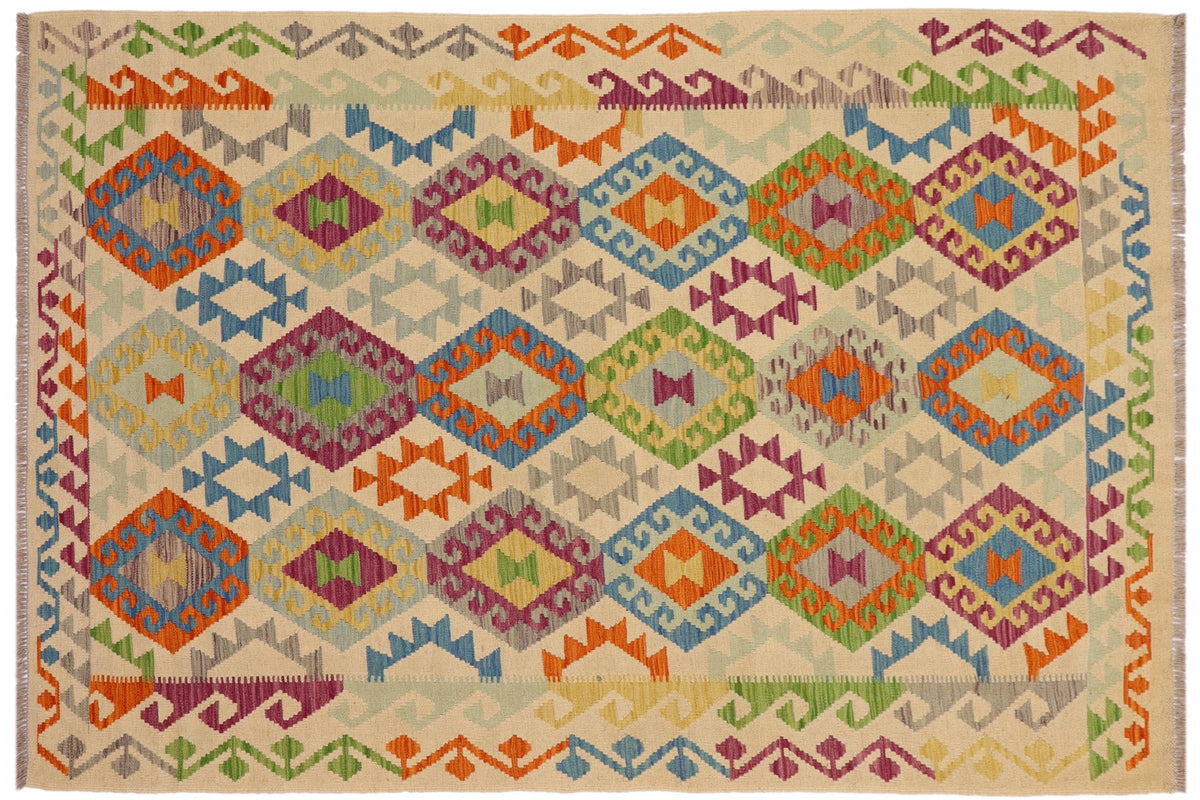 handmade Geometric Kilim Beige Blue Hand-Woven RECTANGLE 100% WOOL area rug 5 x 7