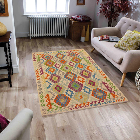 handmade Geometric Kilim Beige Blue Hand-Woven RECTANGLE 100% WOOL area rug 5 x 7