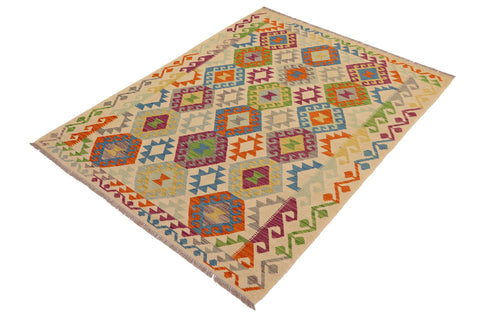 handmade Geometric Kilim Beige Blue Hand-Woven RECTANGLE 100% WOOL area rug 5 x 7