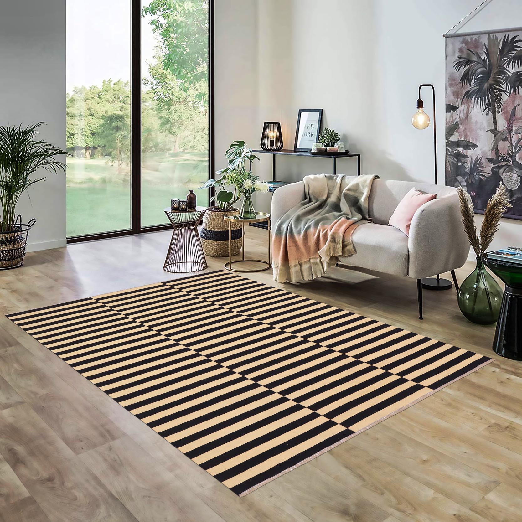 handmade Modern Kilim Beige Black Hand-Woven RECTANGLE 100% WOOL area rug 5 x 8