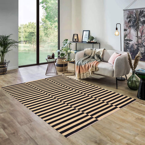 handmade Modern Kilim Beige Black Hand-Woven RECTANGLE 100% WOOL area rug 5 x 8