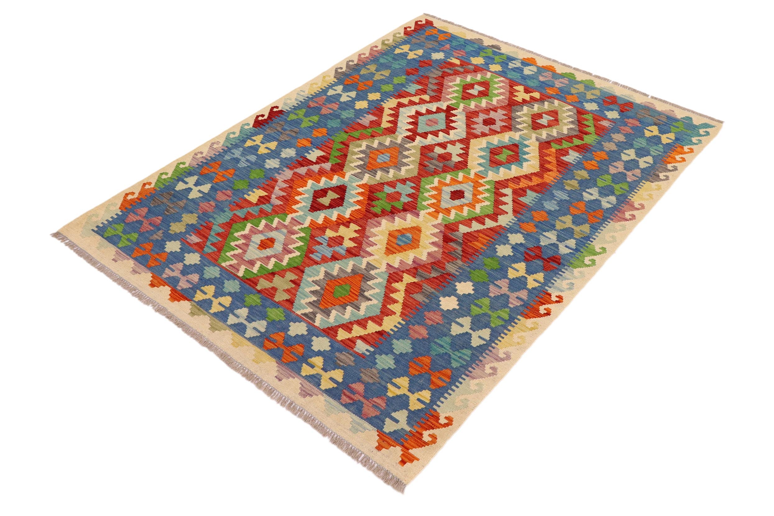 handmade Geometric Kilim Red Blue Hand-Woven RECTANGLE 100% WOOL area rug 5x6