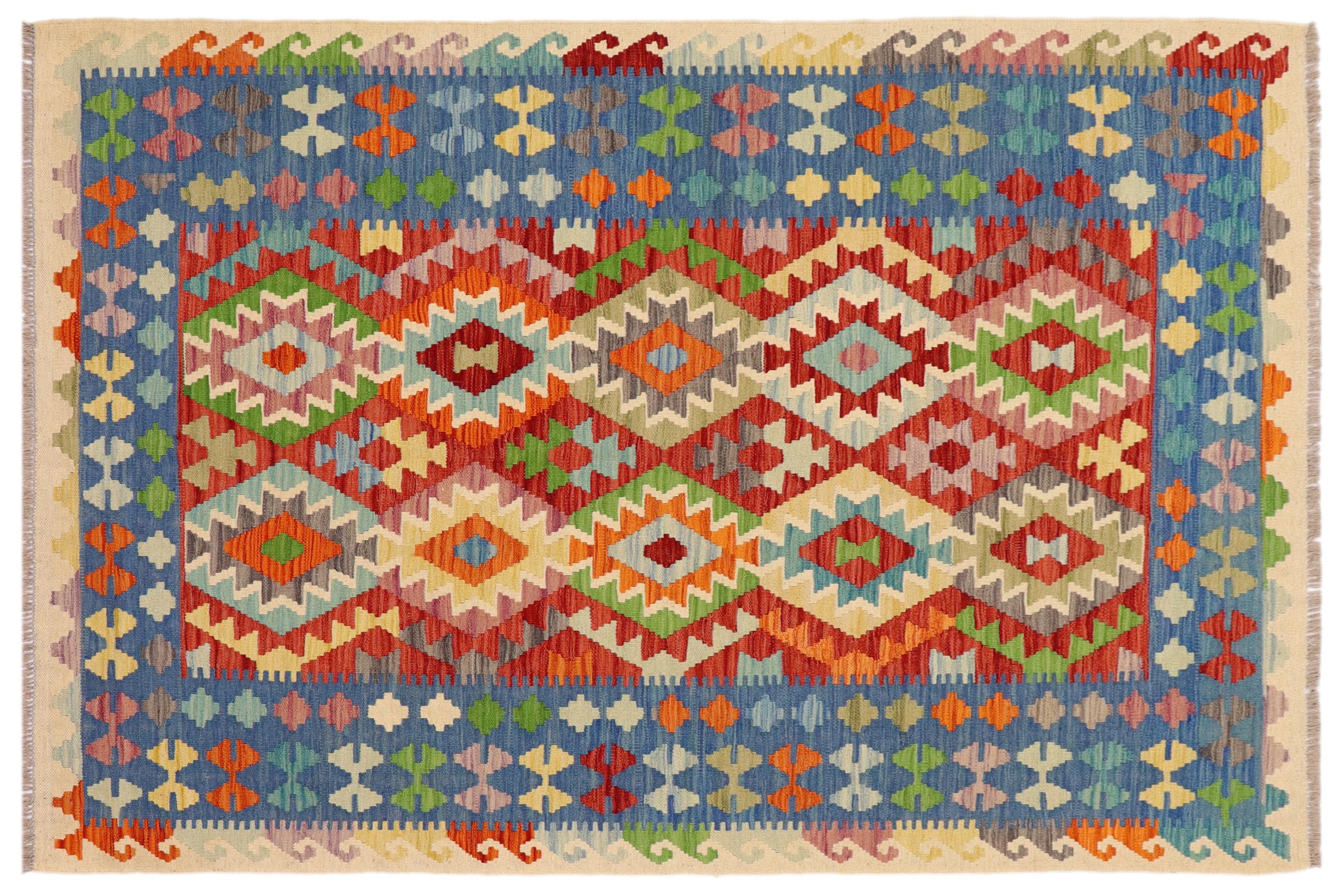 handmade Geometric Kilim Red Blue Hand-Woven RECTANGLE 100% WOOL area rug 5x6