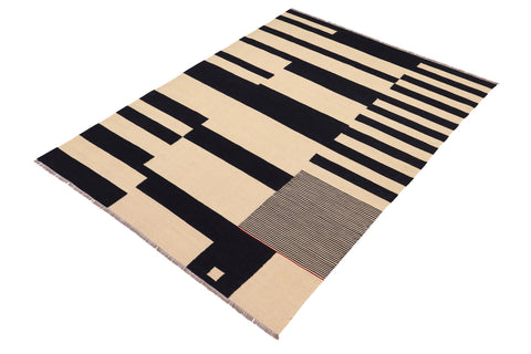 handmade Modern Kilim Beige Black Hand-Woven RECTANGLE 100% WOOL area rug 5 x 8