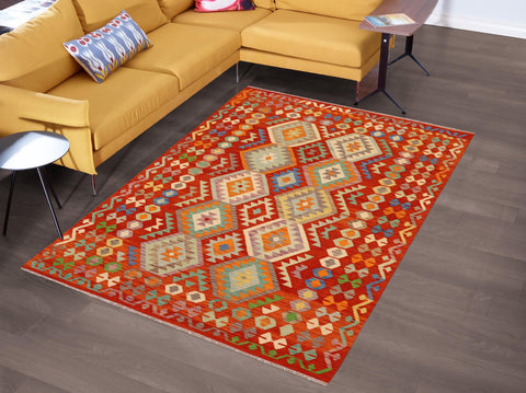 handmade Geometric Kilim Rust Blue Hand-Woven RECTANGLE 100% WOOL area rug 6 x 8