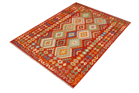handmade Geometric Kilim Rust Blue Hand-Woven RECTANGLE 100% WOOL area rug 6 x 8