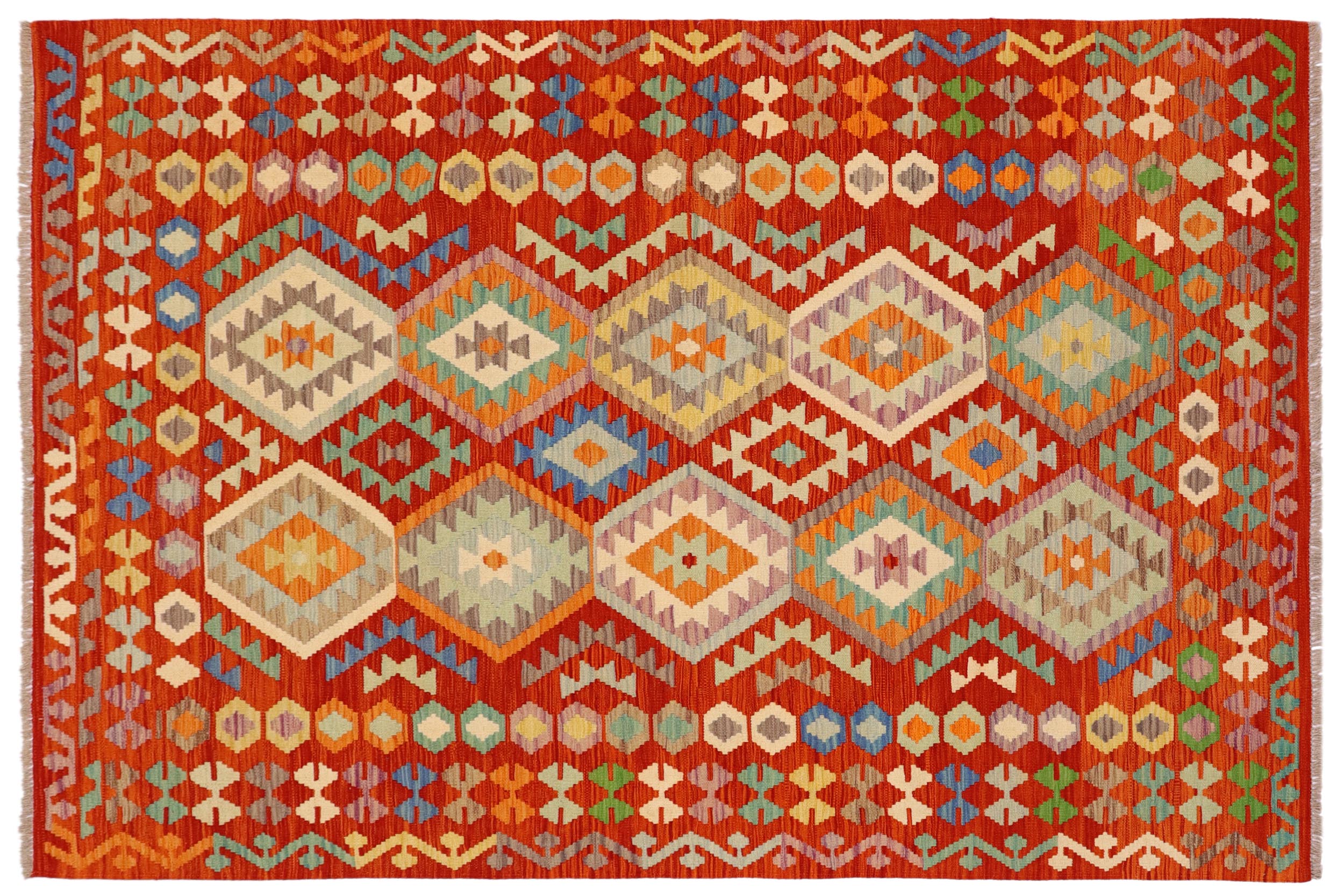 handmade Geometric Kilim Rust Blue Hand-Woven RECTANGLE 100% WOOL area rug 6 x 8