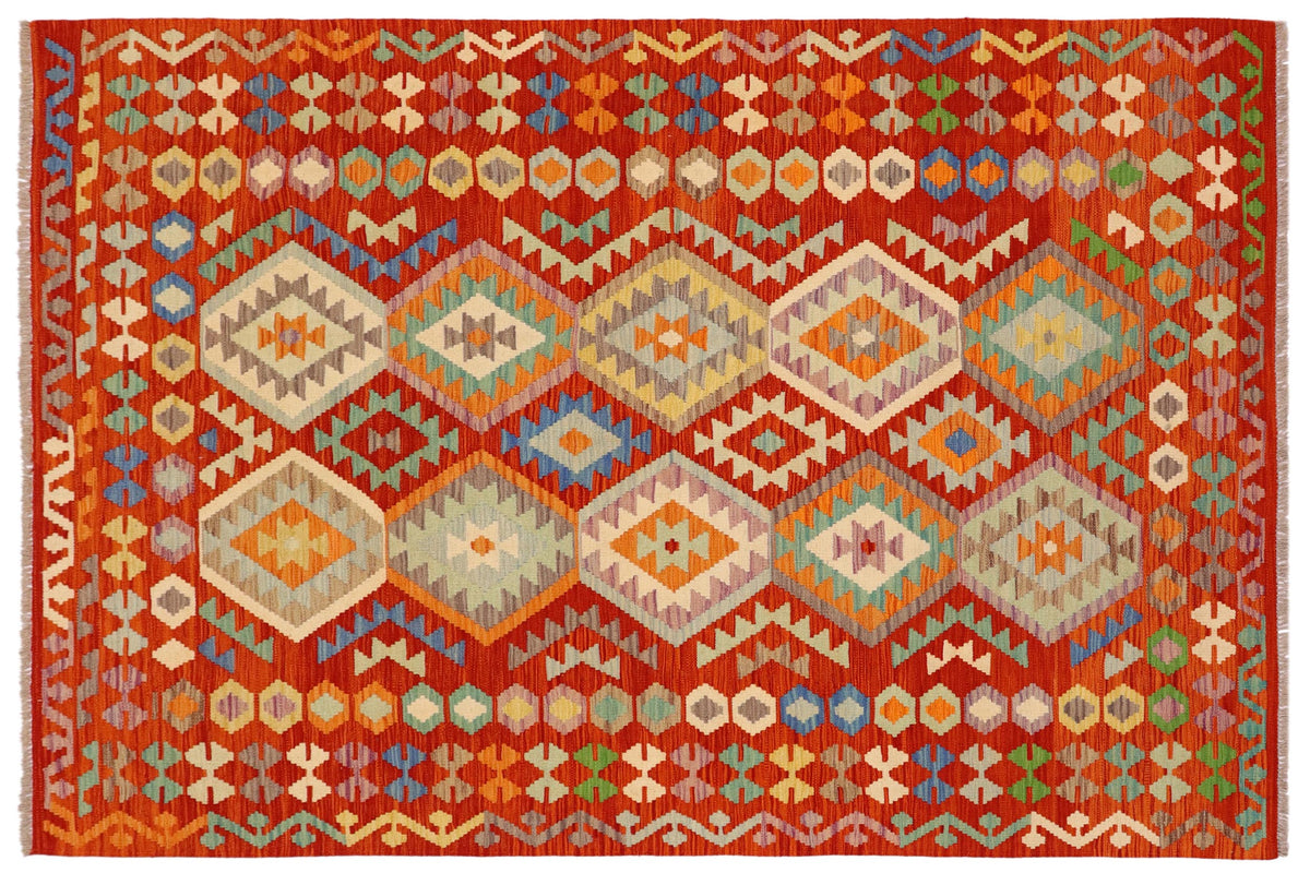 handmade Geometric Kilim Rust Blue Hand-Woven RECTANGLE 100% WOOL area rug 6 x 8