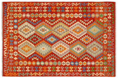 handmade Geometric Kilim Rust Blue Hand-Woven RECTANGLE 100% WOOL area rug 6 x 8