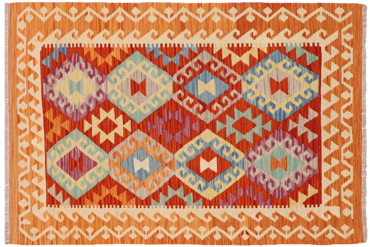 handmade Geometric Kilim Rust Beige Hand-Woven RECTANGLE 100% WOOL area rug 3 x 5