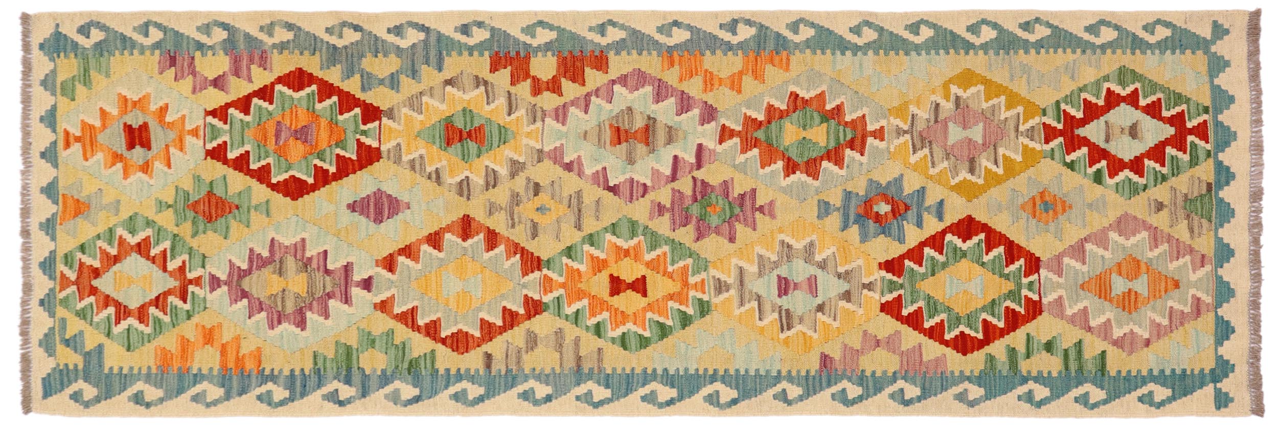 handmade Geometric Kilim Gold Blue Hand-Woven RUNNER 100% WOOL area rug 3 x 7