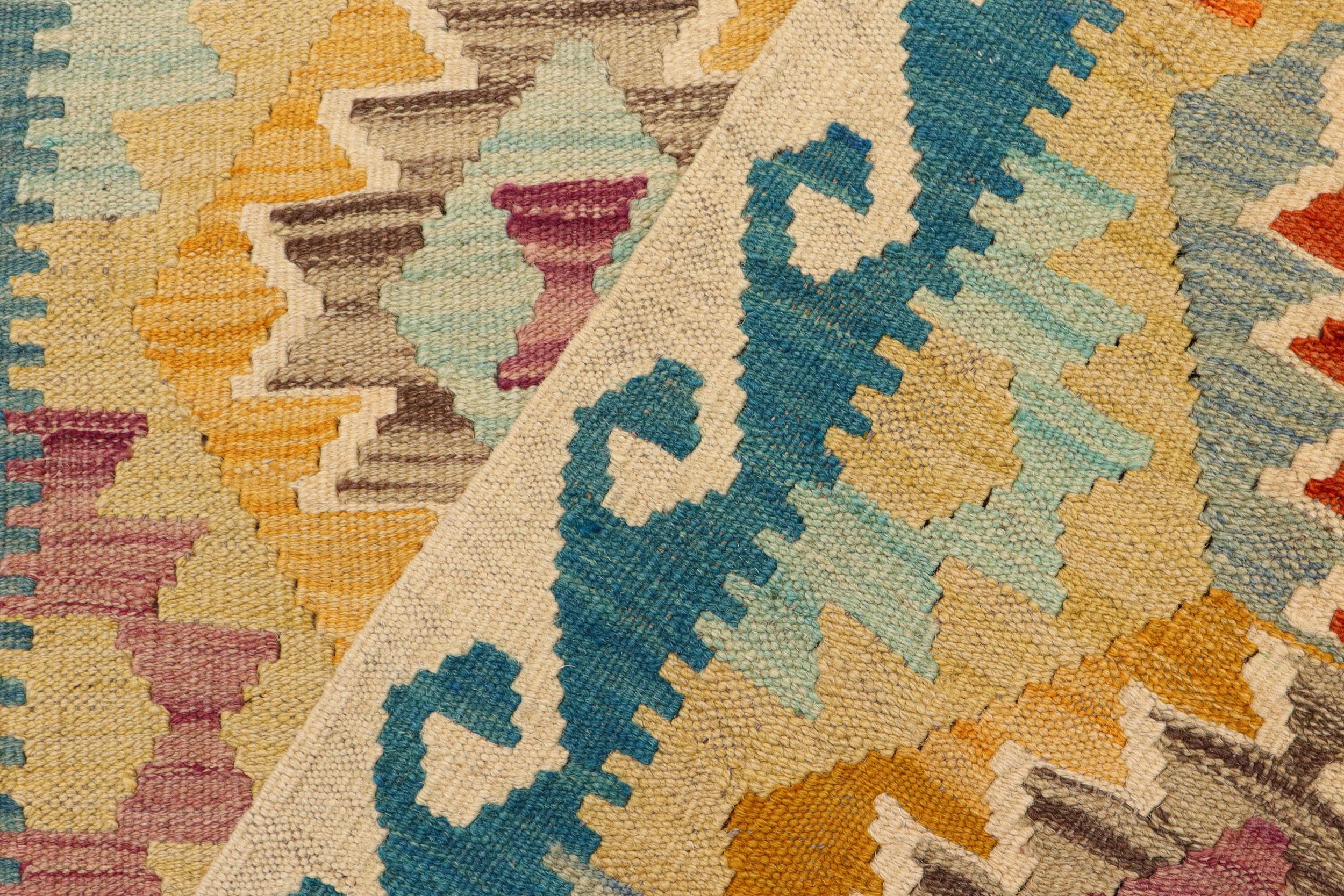 handmade Geometric Kilim Gold Blue Hand-Woven RUNNER 100% WOOL area rug 3 x 7