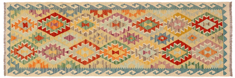 handmade Geometric Kilim Gold Blue Hand-Woven RUNNER 100% WOOL area rug 3 x 7