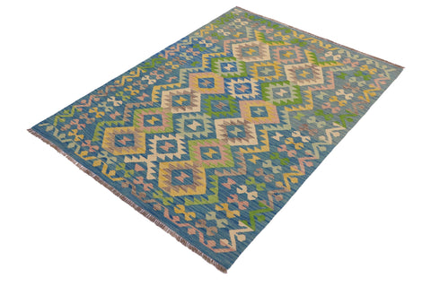 handmade Geometric Kilim Blue Beige Hand-Woven RECTANGLE 100% WOOL area rug 4 x 6
