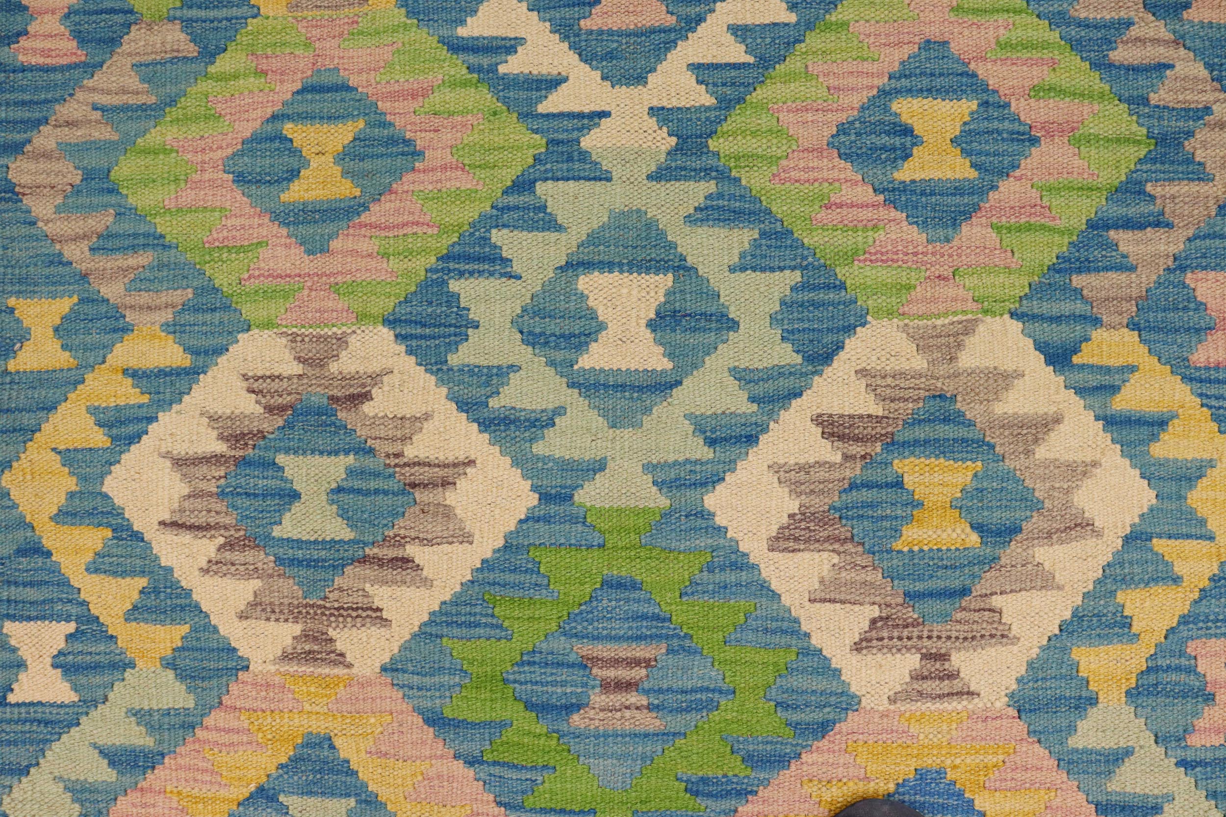 handmade Geometric Kilim Blue Beige Hand-Woven RECTANGLE 100% WOOL area rug 4 x 6