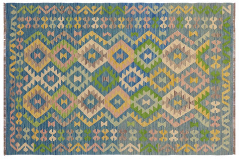 handmade Geometric Kilim Blue Beige Hand-Woven RECTANGLE 100% WOOL area rug 4 x 6