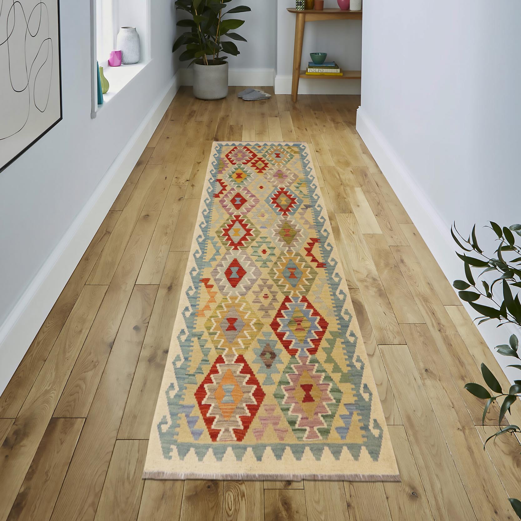 handmade Geometric Kilim Gold Blue Hand-Woven RUNNER 100% WOOL area rug 3 x 7