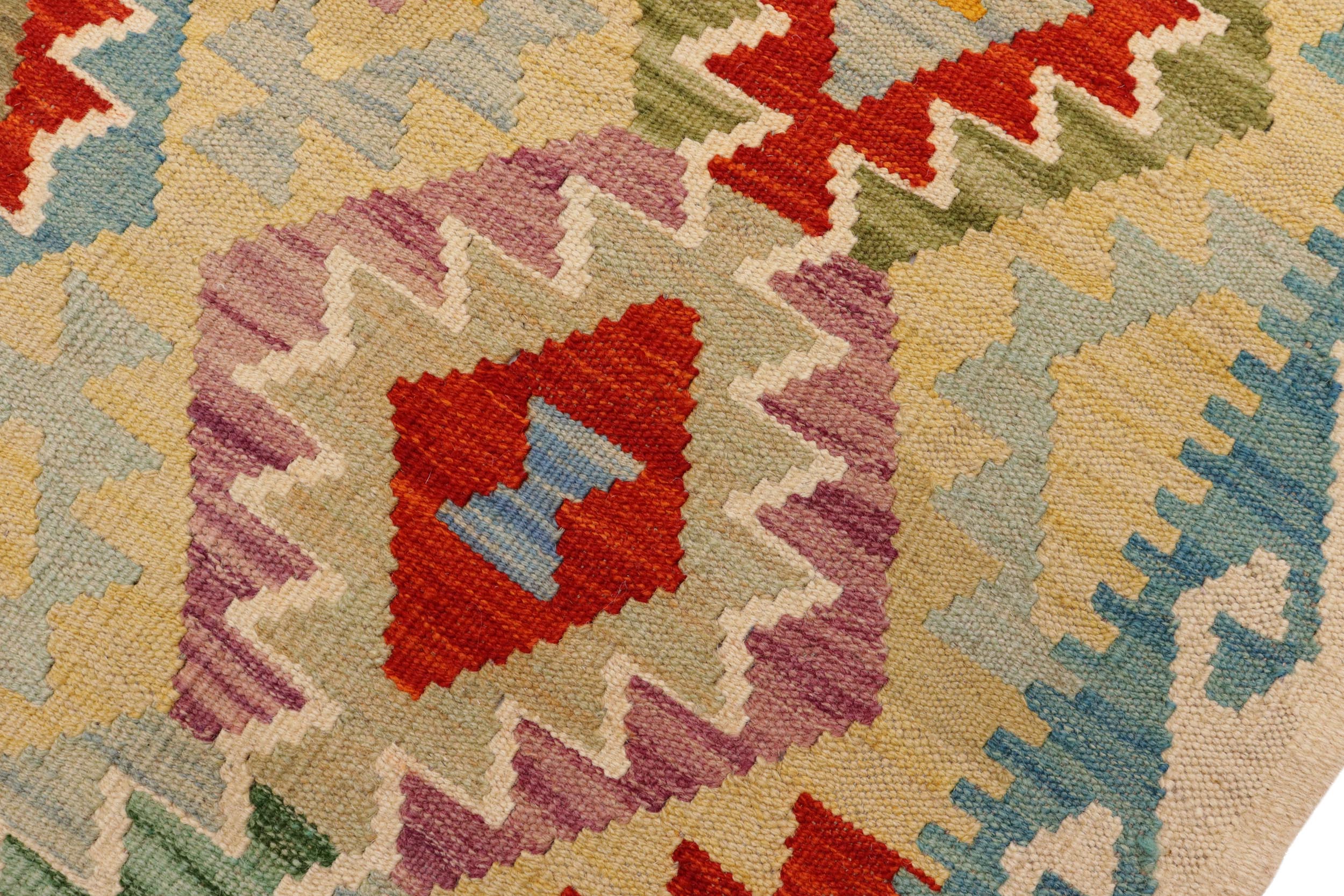 handmade Geometric Kilim Gold Blue Hand-Woven RUNNER 100% WOOL area rug 3 x 7