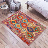 Flat Weave Kilim Antique Navaho Vintage handmade Geometric Kilim Purple Rust Hand-Woven Rectangle 100% Wool Area Rug 4x5 