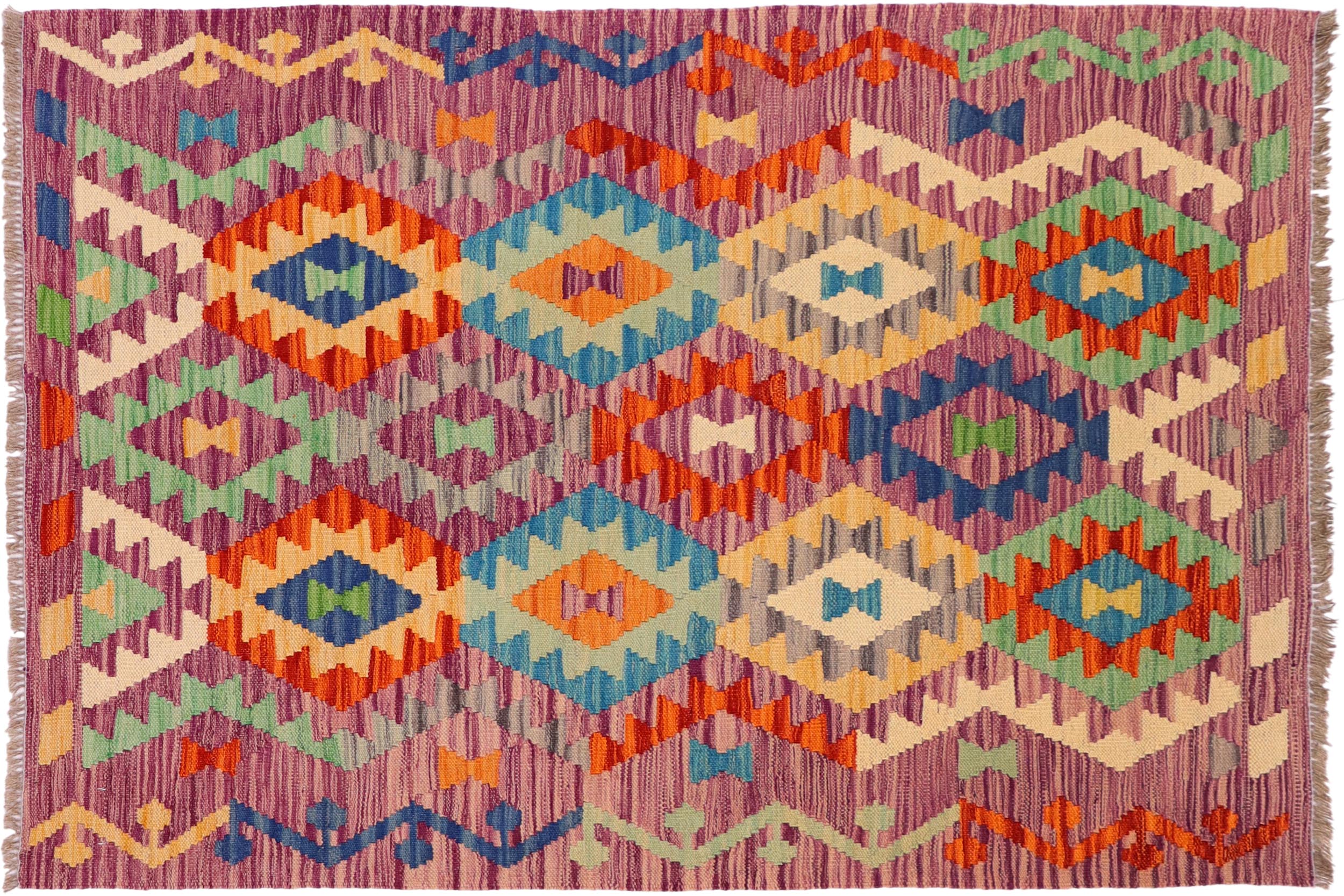 handmade Geometric Kilim Purple Rust Hand-Woven RECTANGLE 100% WOOL area rug 4 x 5