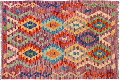 handmade Geometric Kilim Purple Rust Hand-Woven RECTANGLE 100% WOOL area rug 4 x 5