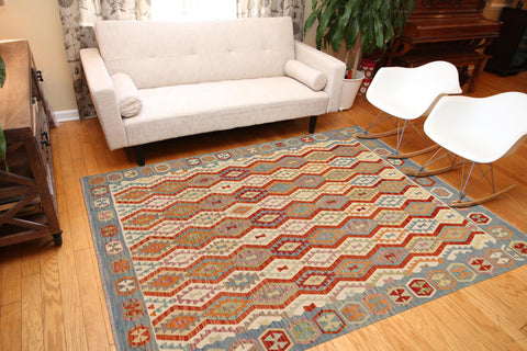 handmade Geometric Kilim Rust Blue Hand-Woven RECTANGLE 100% WOOL area rug 9 x 9