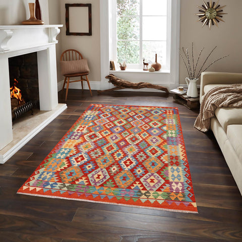 handmade Geometric Kilim Rust Blue Hand-Woven RECTANGLE 100% WOOL area rug 7 x 10