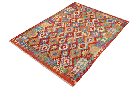 handmade Geometric Kilim Rust Blue Hand-Woven RECTANGLE 100% WOOL area rug 7 x 10