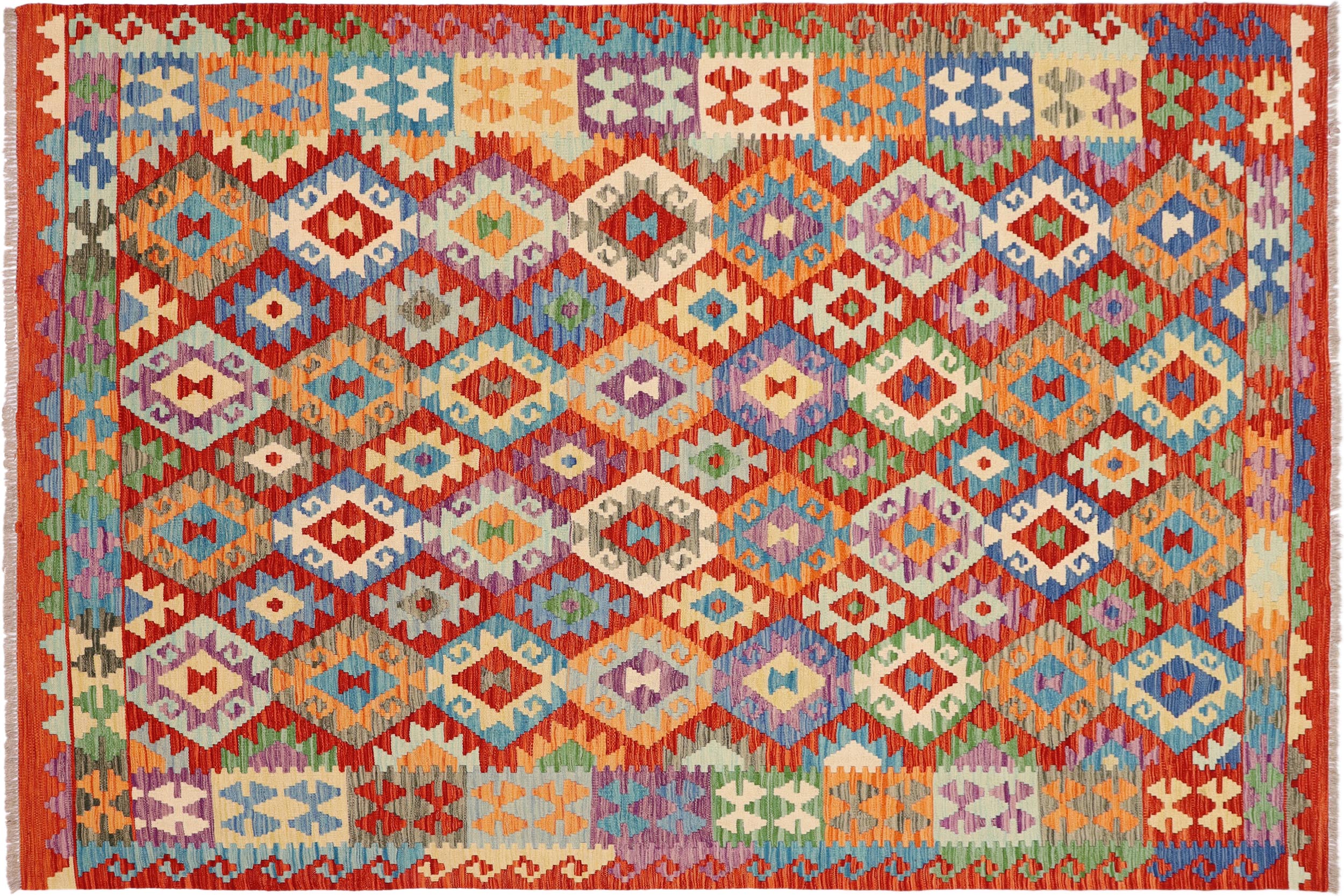 handmade Geometric Kilim Rust Blue Hand-Woven RECTANGLE 100% WOOL area rug 7 x 10