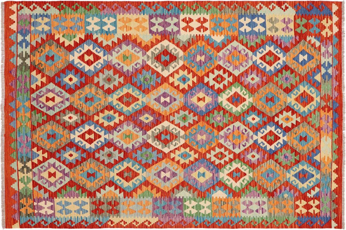handmade Geometric Kilim Rust Blue Hand-Woven RECTANGLE 100% WOOL area rug 7 x 10