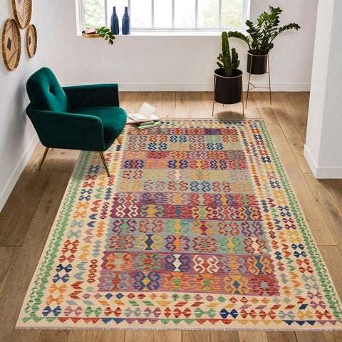 handmade Geometric Kilim Blue Beige Hand-Woven RECTANGLE 100% WOOL area rug 8 x 11