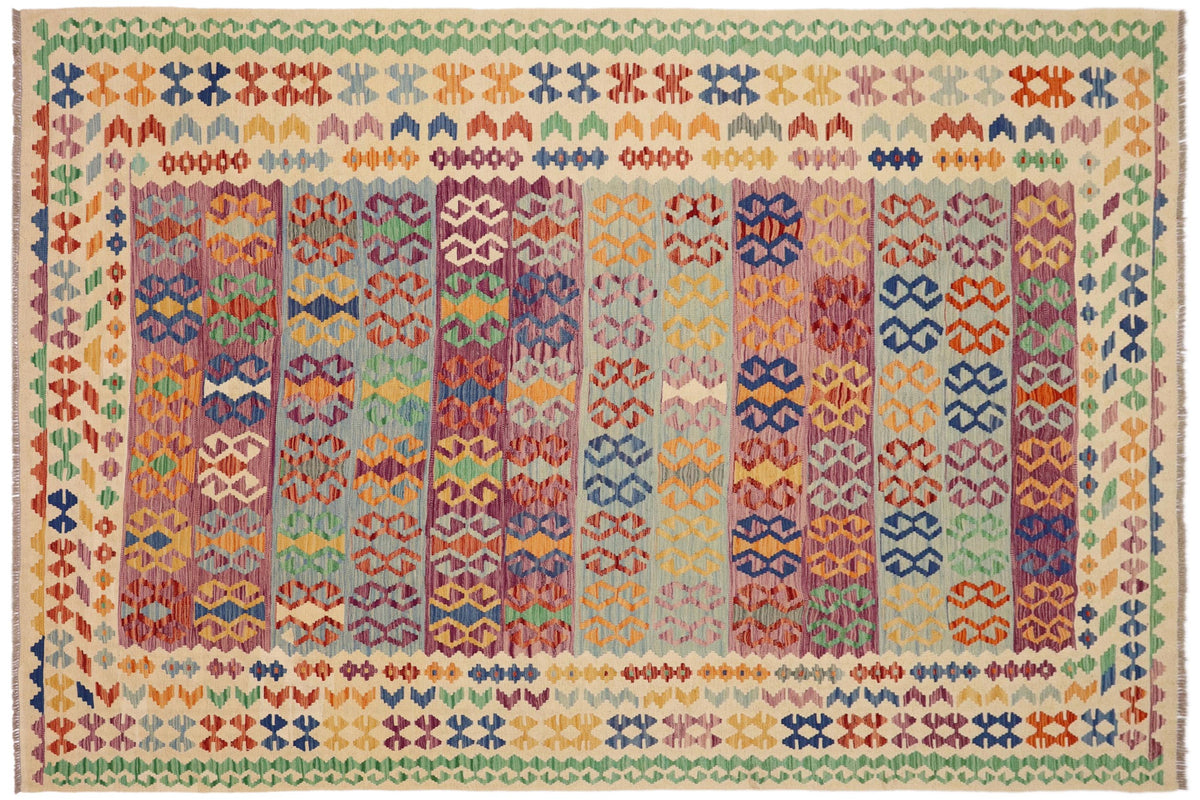 handmade Geometric Kilim Blue Beige Hand-Woven RECTANGLE 100% WOOL area rug 8 x 11