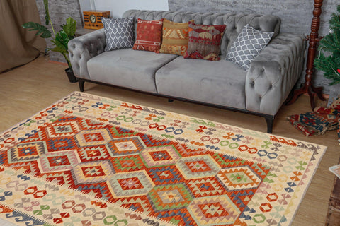 handmade Geometric Kilim Rust Beige Hand-Woven RECTANGLE 100% WOOL area rug 7 x 10