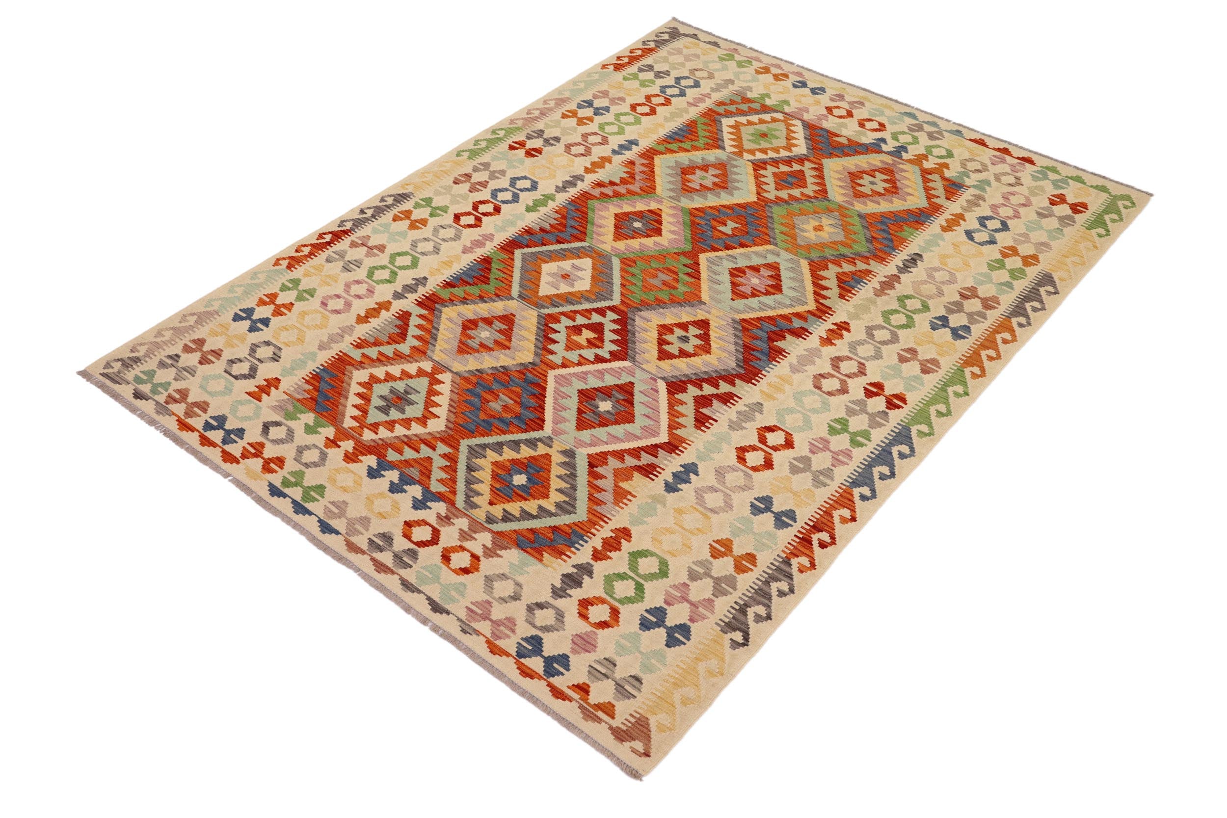 handmade Geometric Kilim Rust Beige Hand-Woven RECTANGLE 100% WOOL area rug 7 x 10