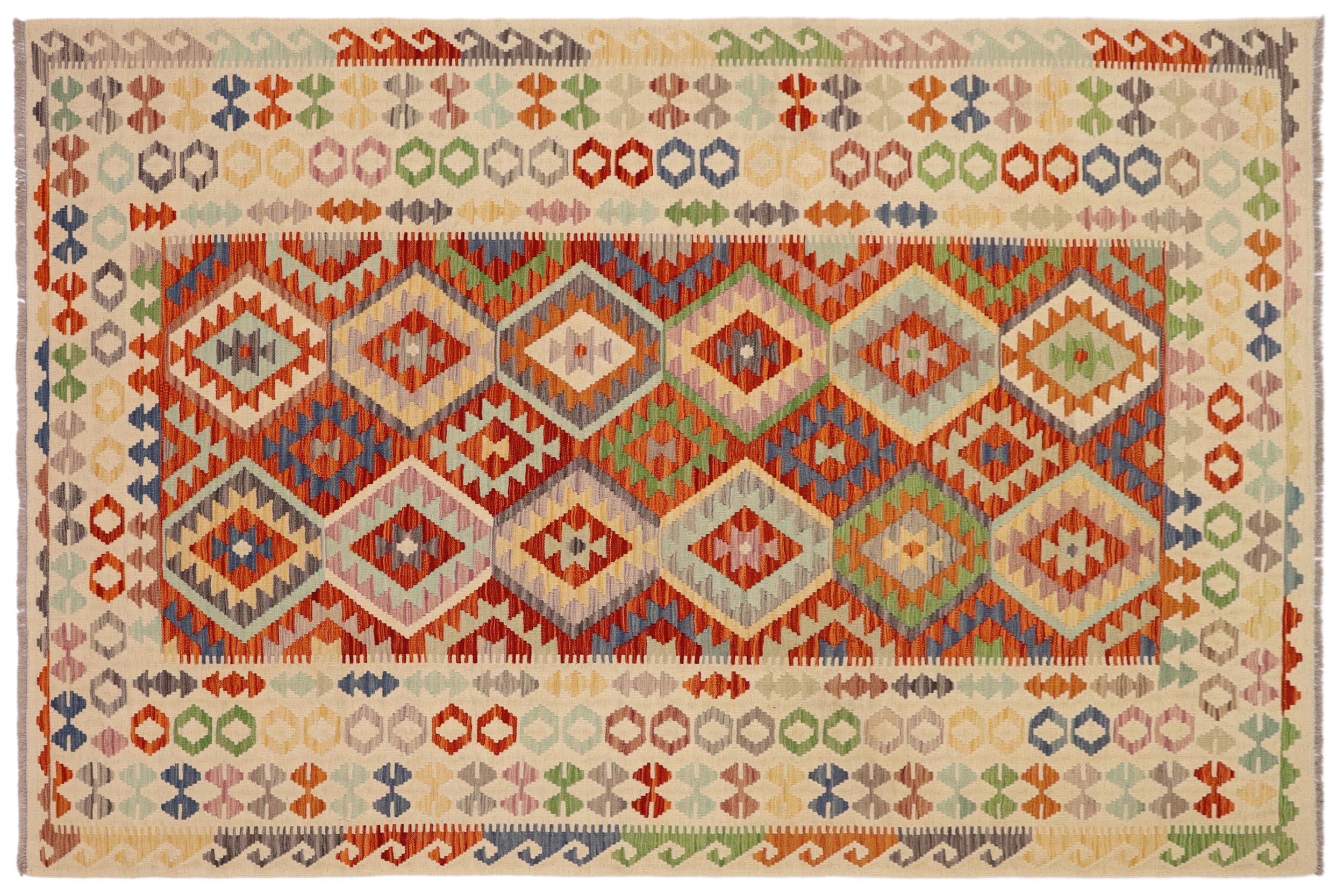 handmade Geometric Kilim Rust Beige Hand-Woven RECTANGLE 100% WOOL area rug 7 x 10