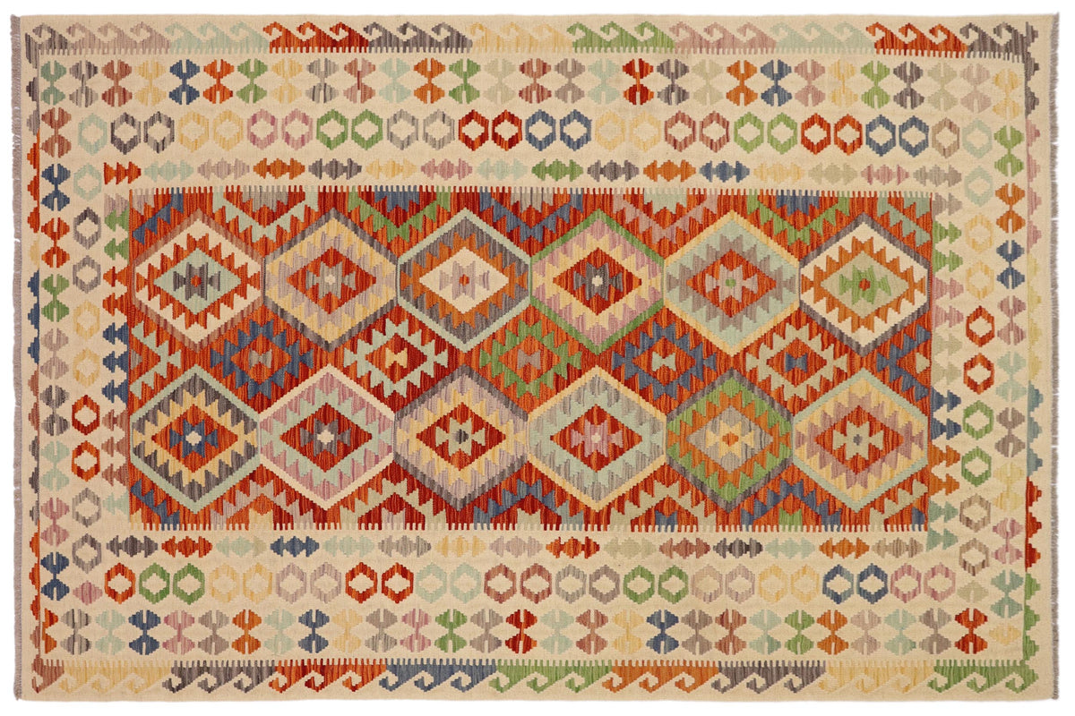 handmade Geometric Kilim Rust Beige Hand-Woven RECTANGLE 100% WOOL area rug 7 x 10