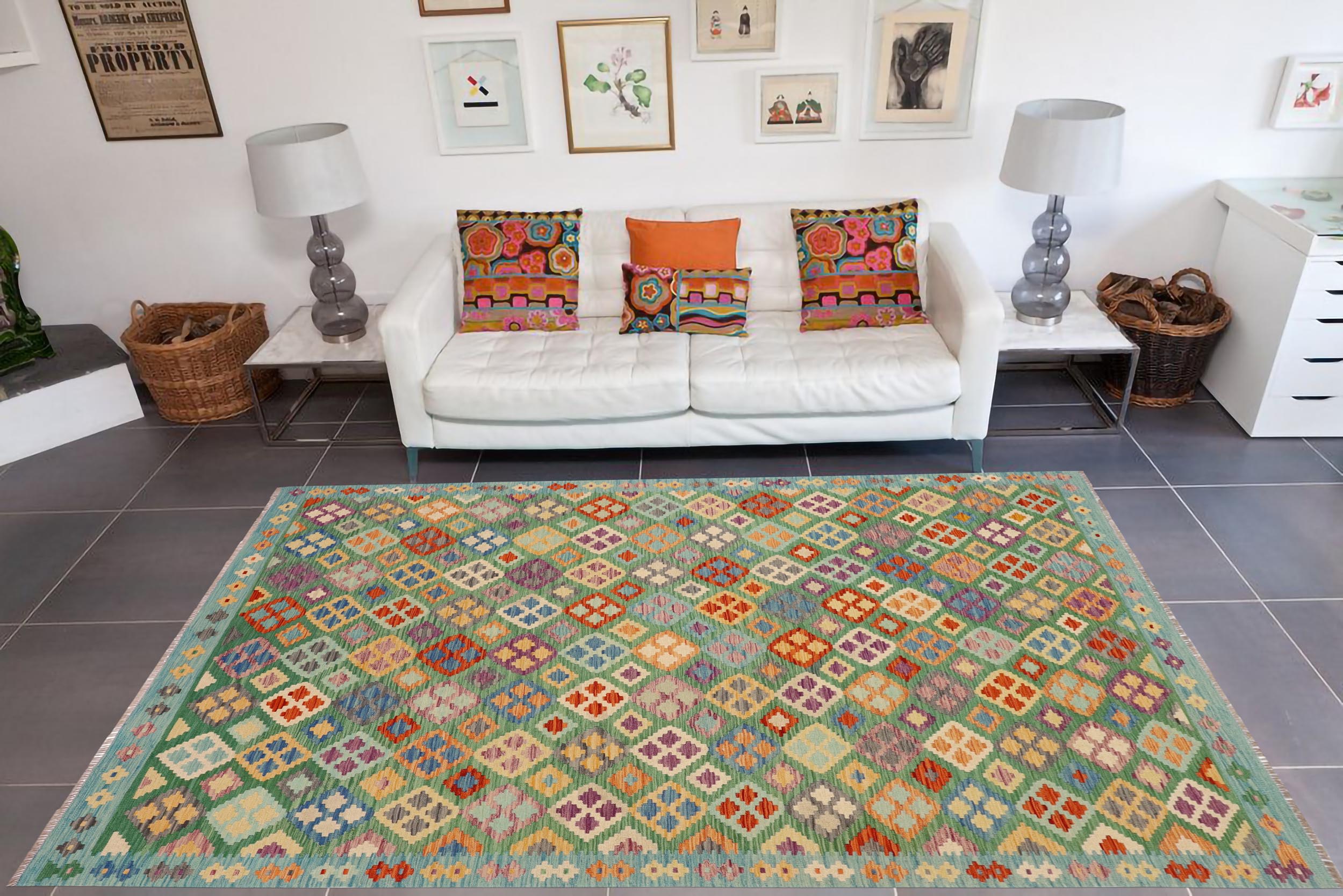 handmade Geometric Kilim Green Blue Hand-Woven RECTANGLE 100% WOOL area rug 7 x 10