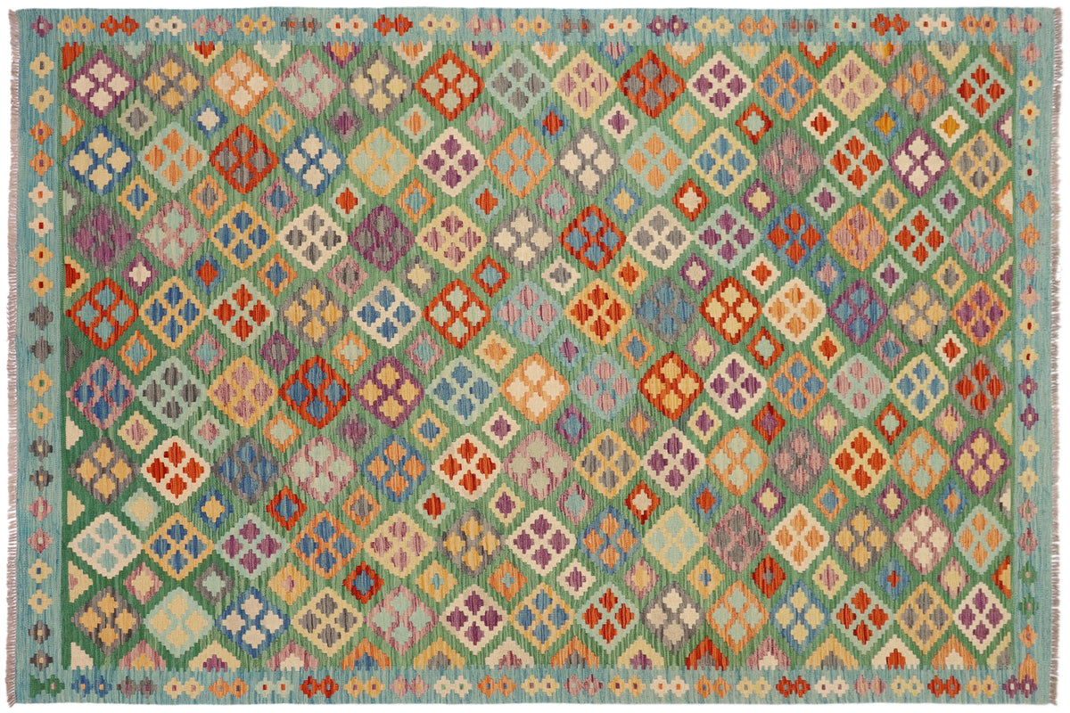handmade Geometric Kilim Green Blue Hand-Woven RECTANGLE 100% WOOL area rug 7 x 10