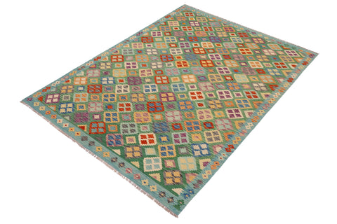 handmade Geometric Kilim Green Blue Hand-Woven RECTANGLE 100% WOOL area rug 7 x 10
