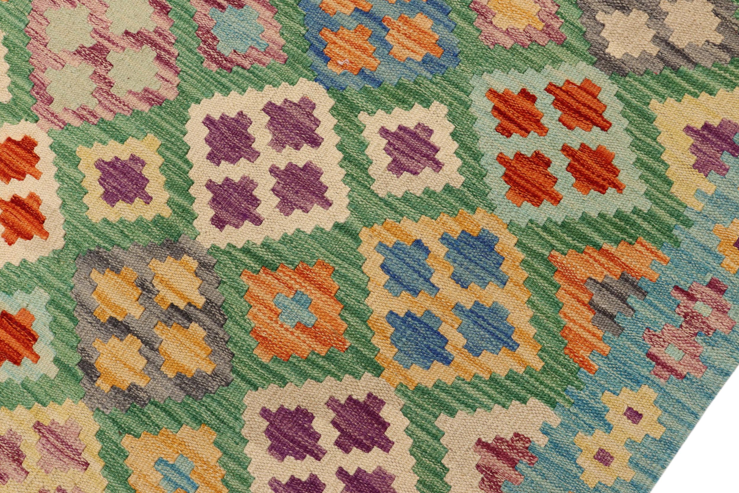 handmade Geometric Kilim Green Blue Hand-Woven RECTANGLE 100% WOOL area rug 7 x 10