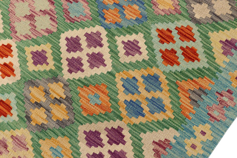 handmade Geometric Kilim Green Blue Hand-Woven RECTANGLE 100% WOOL area rug 7 x 10