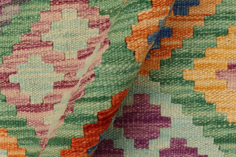 handmade Geometric Kilim Green Blue Hand-Woven RECTANGLE 100% WOOL area rug 7 x 10