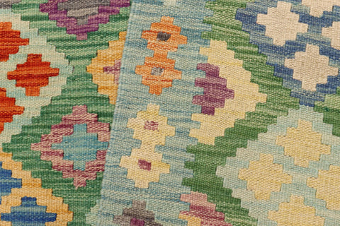 handmade Geometric Kilim Green Blue Hand-Woven RECTANGLE 100% WOOL area rug 7 x 10