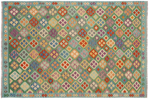 handmade Geometric Kilim Green Blue Hand-Woven RECTANGLE 100% WOOL area rug 7 x 10