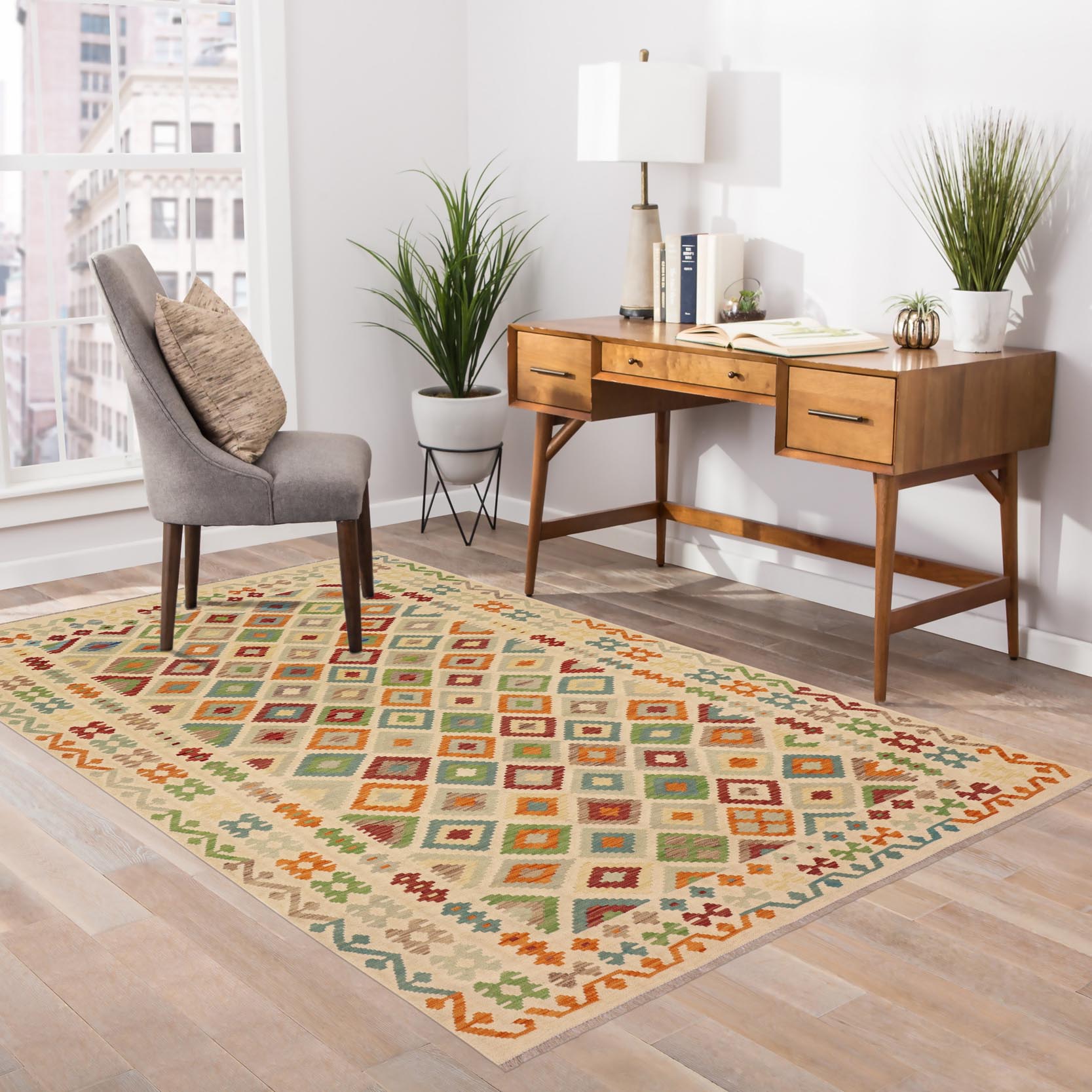 handmade Geometric Kilim Beige Blue Hand-Woven RECTANGLE 100% WOOL area rug 7 x 10