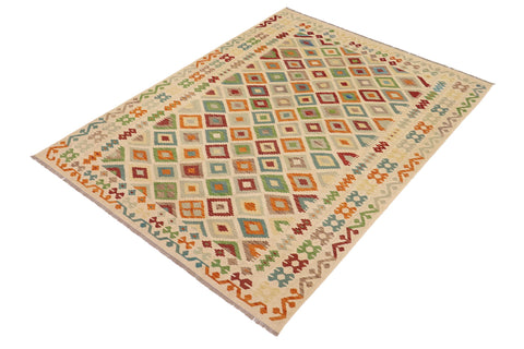 handmade Geometric Kilim Beige Blue Hand-Woven RECTANGLE 100% WOOL area rug 7 x 10