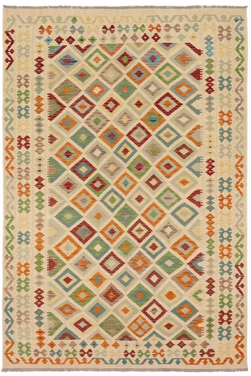 Flat Weave Kilim Antique Navaho Vintage handmade Geometric Kilim Beige Blue Hand-Woven Rectangle 100% Wool Area Rug 7x10 