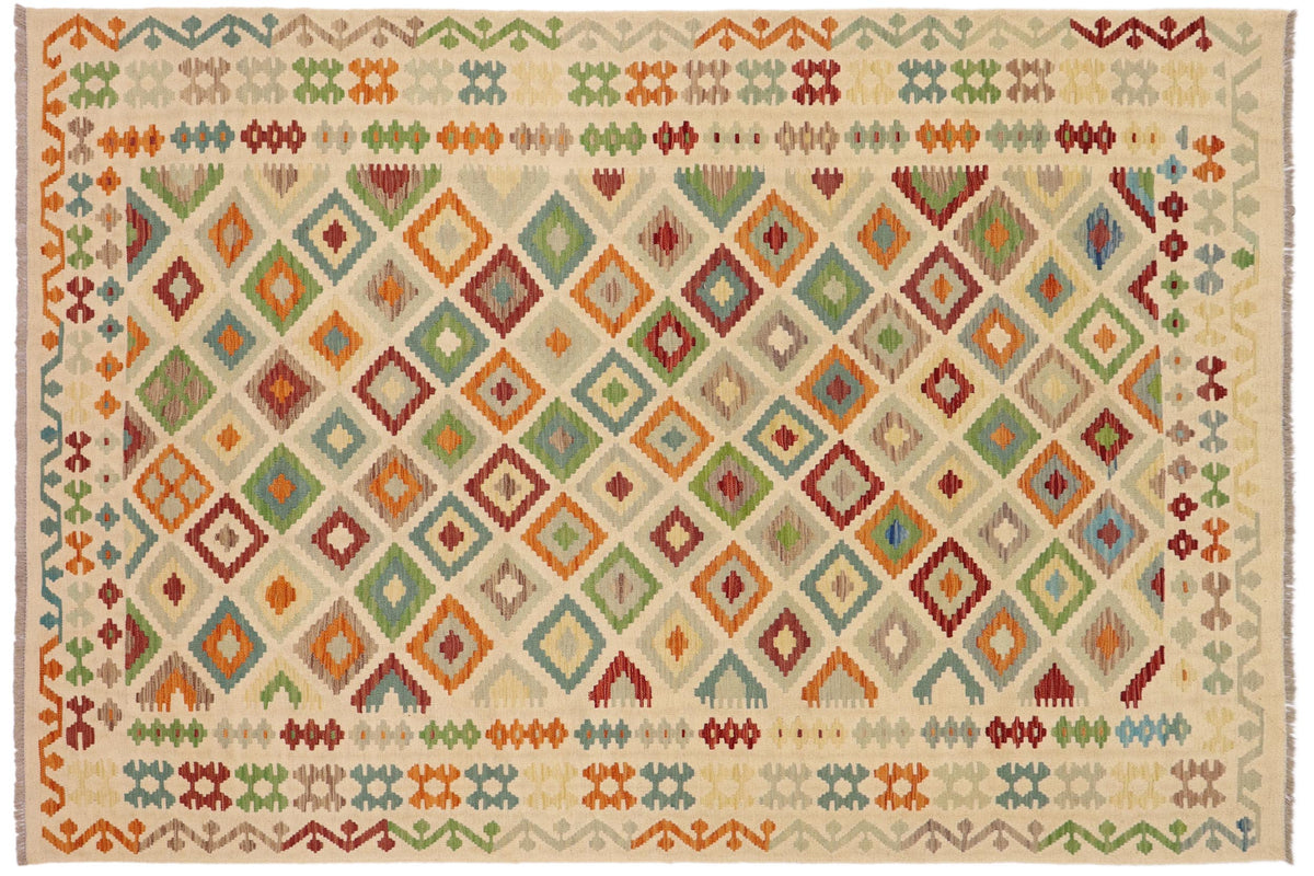 handmade Geometric Kilim Beige Blue Hand-Woven RECTANGLE 100% WOOL area rug 7 x 10