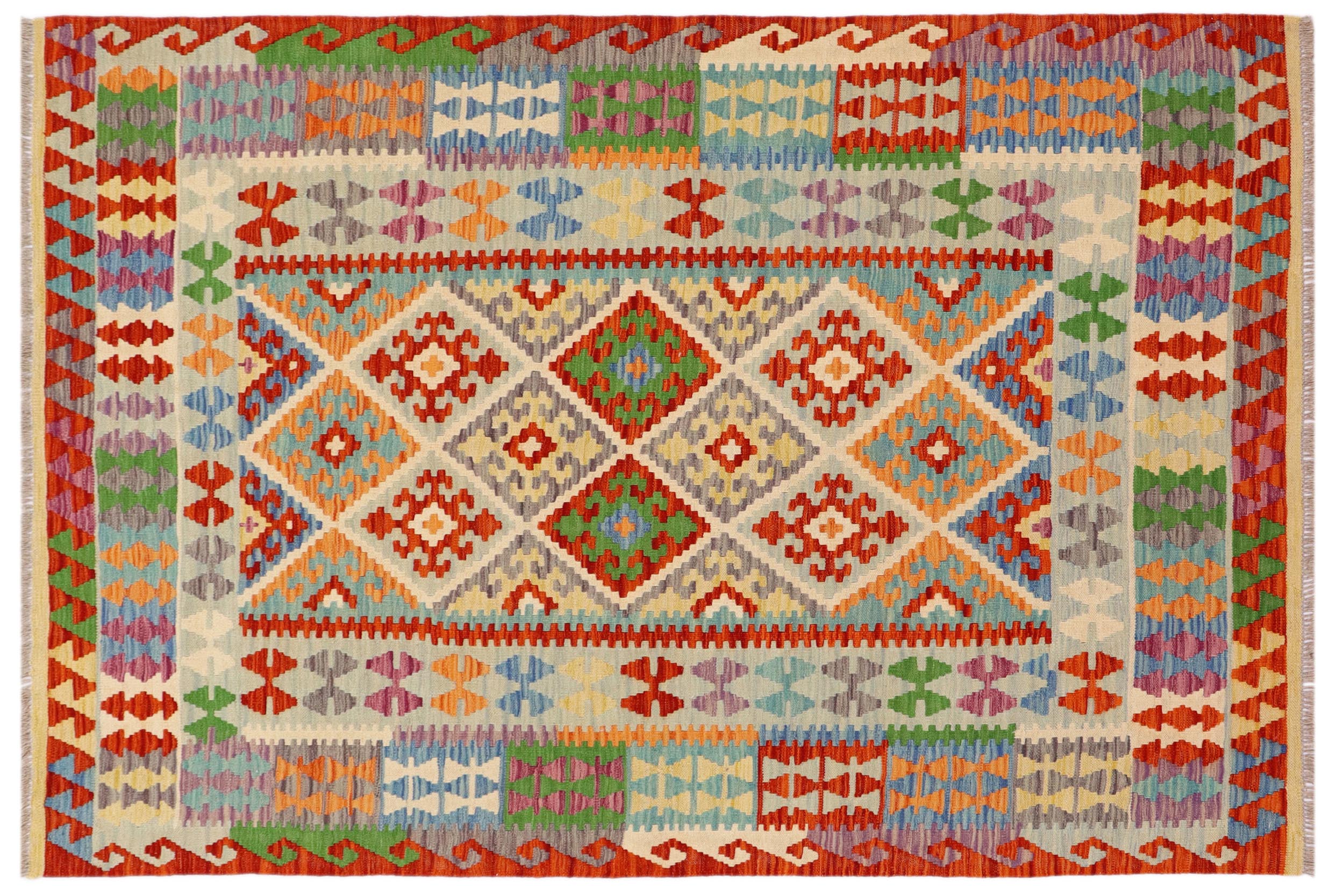 handmade Geometric Kilim Rust Blue Hand-Woven RECTANGLE 100% WOOL area rug 5 x 7