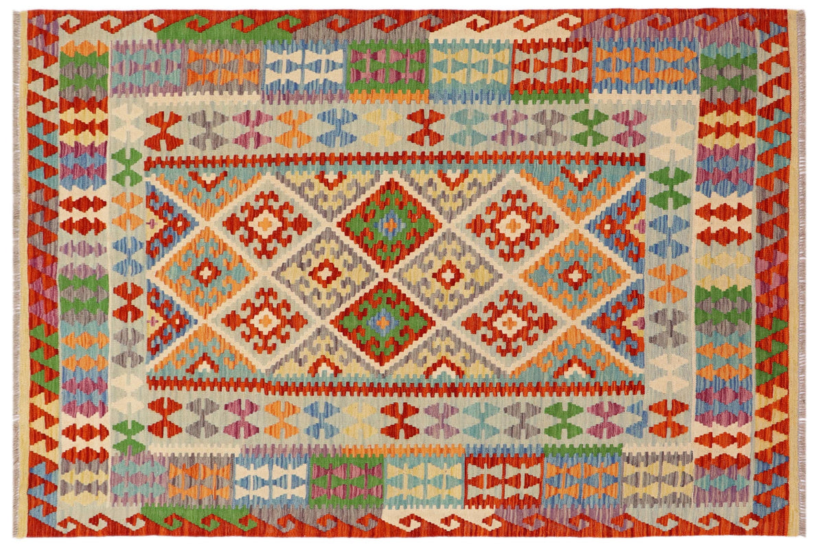 handmade Geometric Kilim Rust Blue Hand-Woven RECTANGLE 100% WOOL area rug 5 x 7